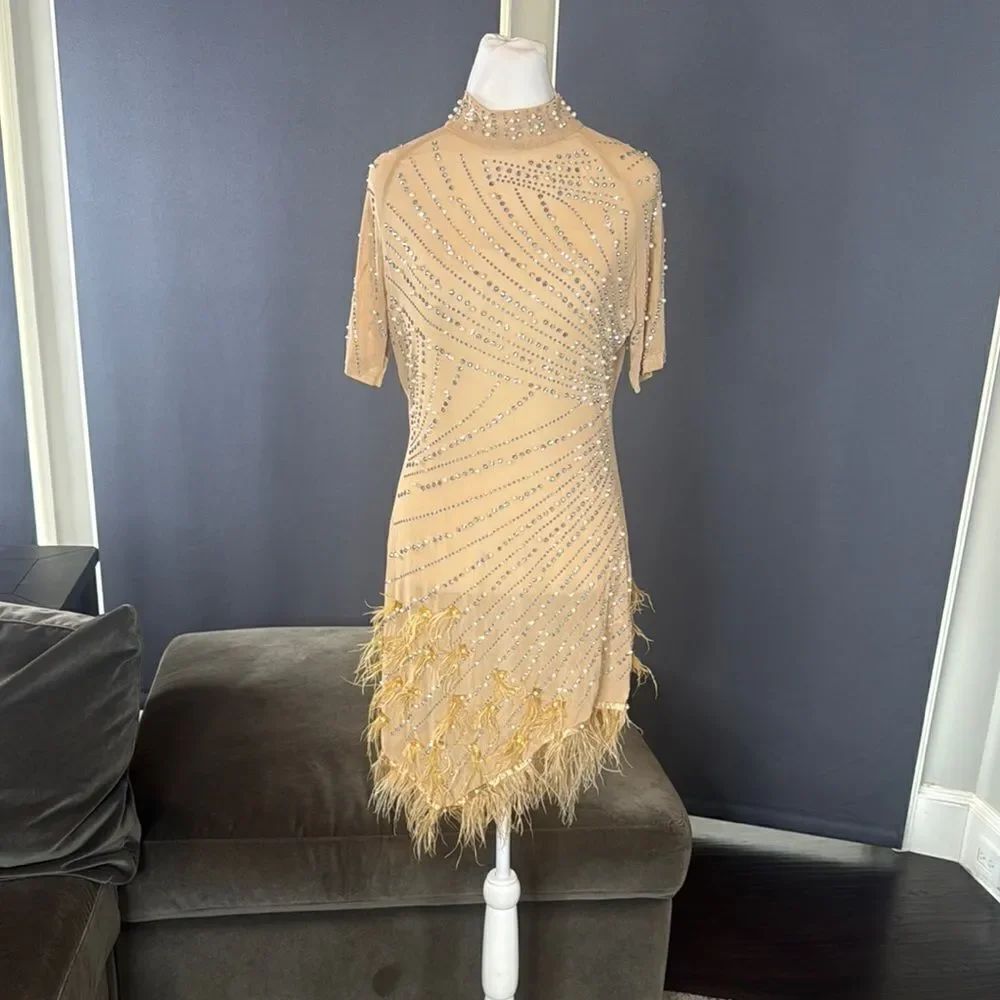 Women’s Sheer BodyCon Mini Dress Rhinestones Faux Pearls & Feathers Size S